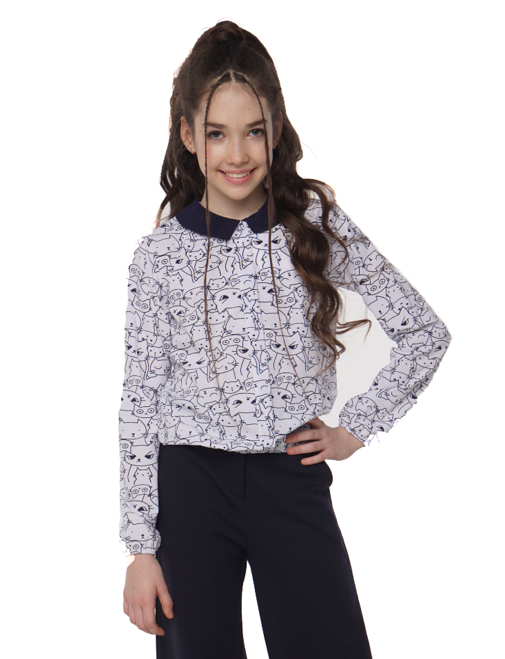 картинка Блуза Catherine белая с синими кошками Блуза 00037-1 от магазина ОЛМИ